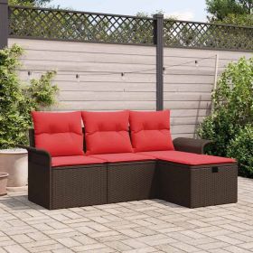Garden Sofa Set with Cushion 4 pcs Brown and Red Poly Rattan