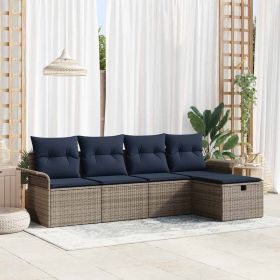 Garden Sofa Set with Cushion 5 pcs Grey and Navy Poly Rattan
