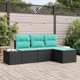 Garden Sofa Set 4 pcs Black and Turquoise Poly Rattan