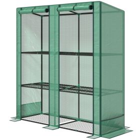 Outsunny Lean-to Greenhouse with 3 Tier Shelves, Portable Greenhouse with PE Cover, 2 Roll-Up Doors, 56.7" x 18.9" x 59.8", Green